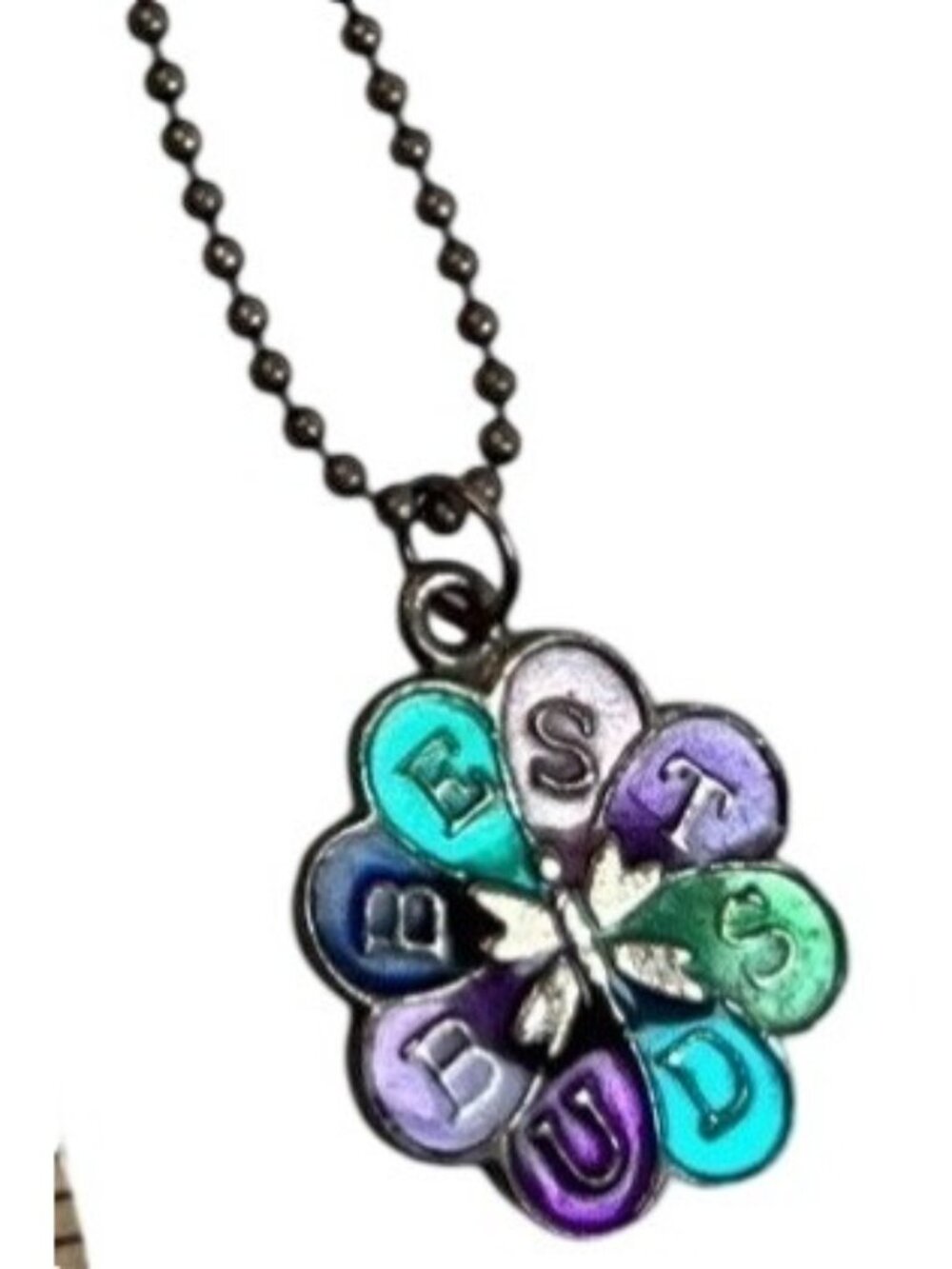 Colorful Flower Pendant Necklace With "Best Buds" Text On Black Beaded Chain